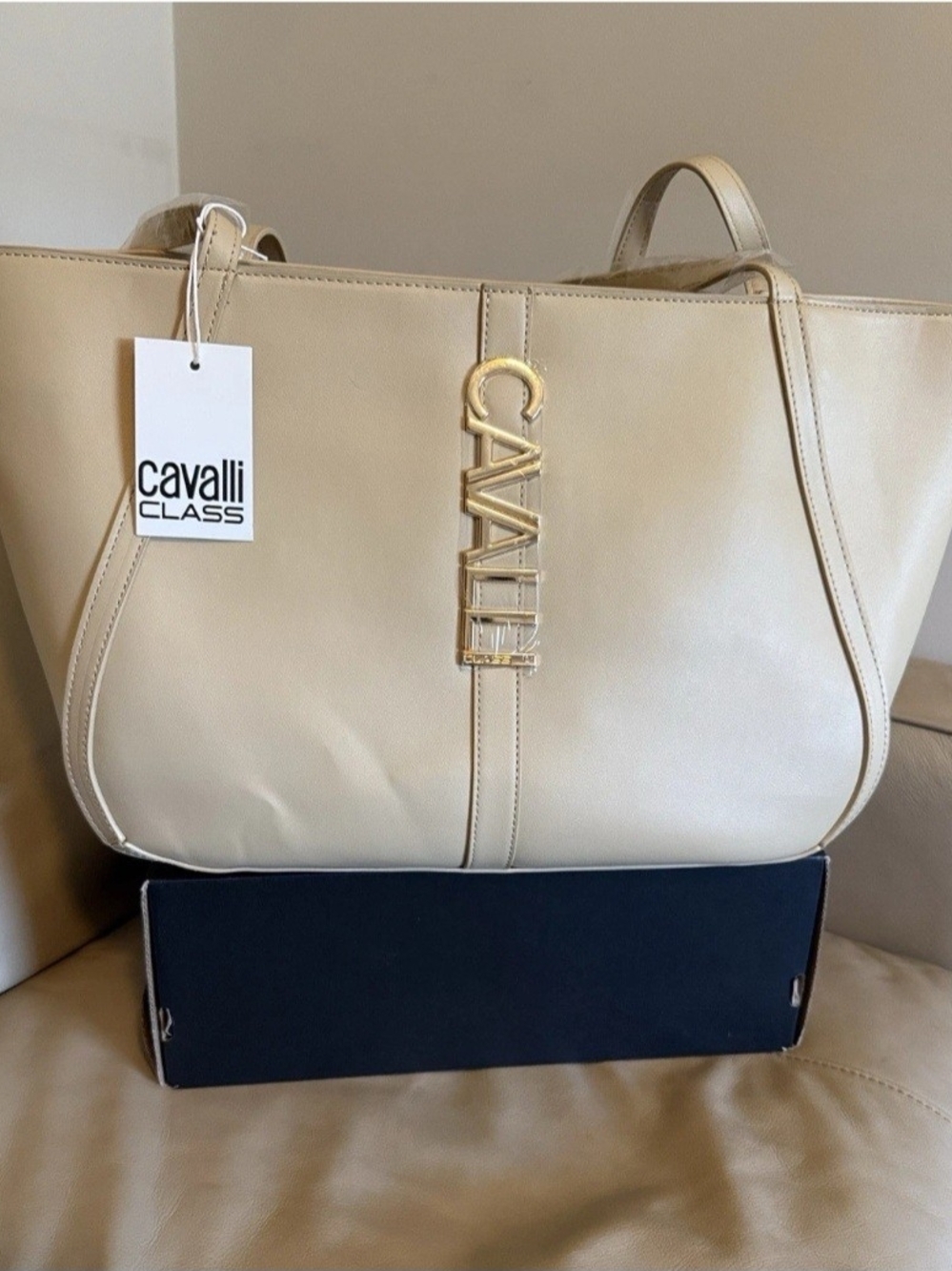 Cavalli Class Sandra Shopper Cream Leather Tote with Gold Logo